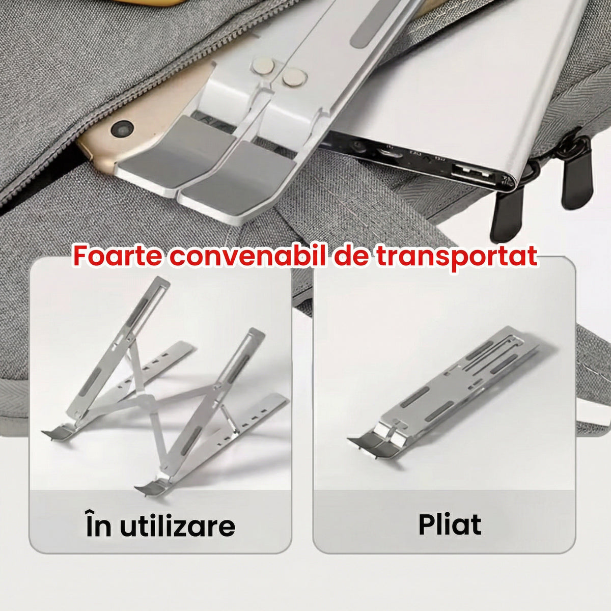 Suport Portabil pentru Laptop de Aluminiu cu Bază de Răcire Pliabilă și Ajustabilă
