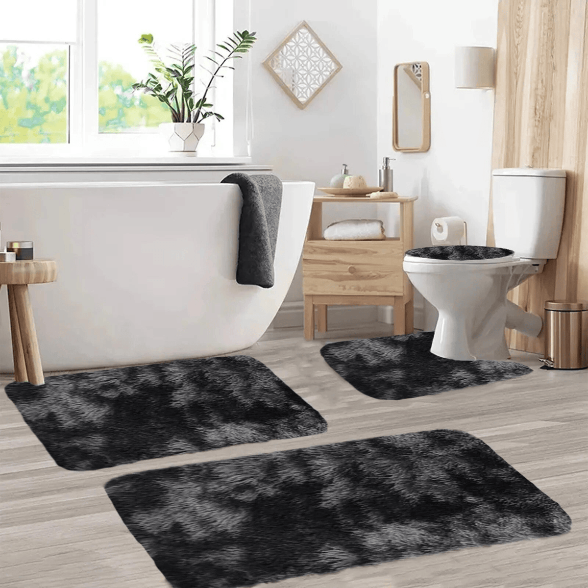 Set 4 Covorașe de Baie Antiderapante, material pufos, Negru