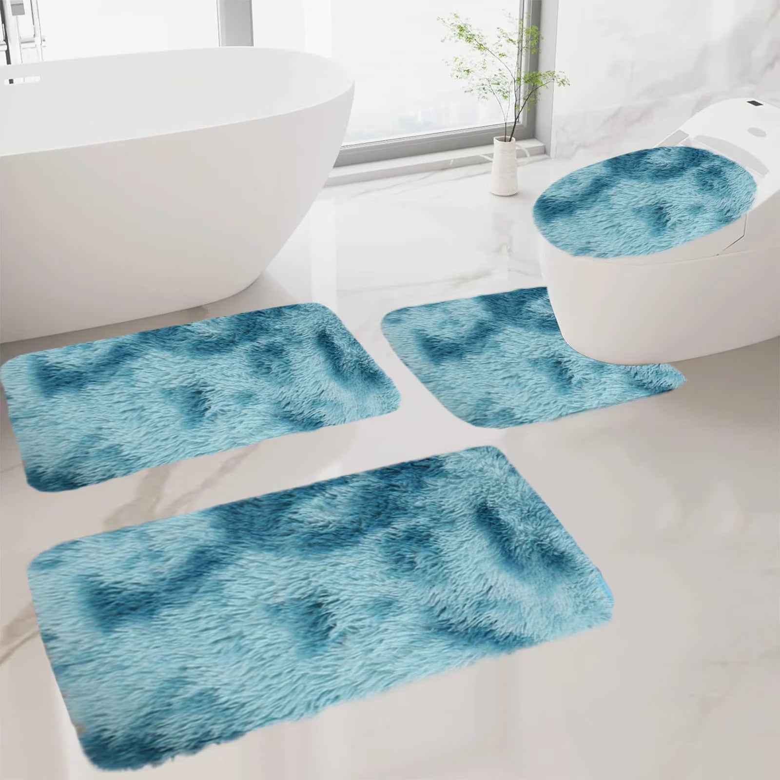 Set 4 Covorașe de Baie Antiderapante, material pufos, Turcoaz
