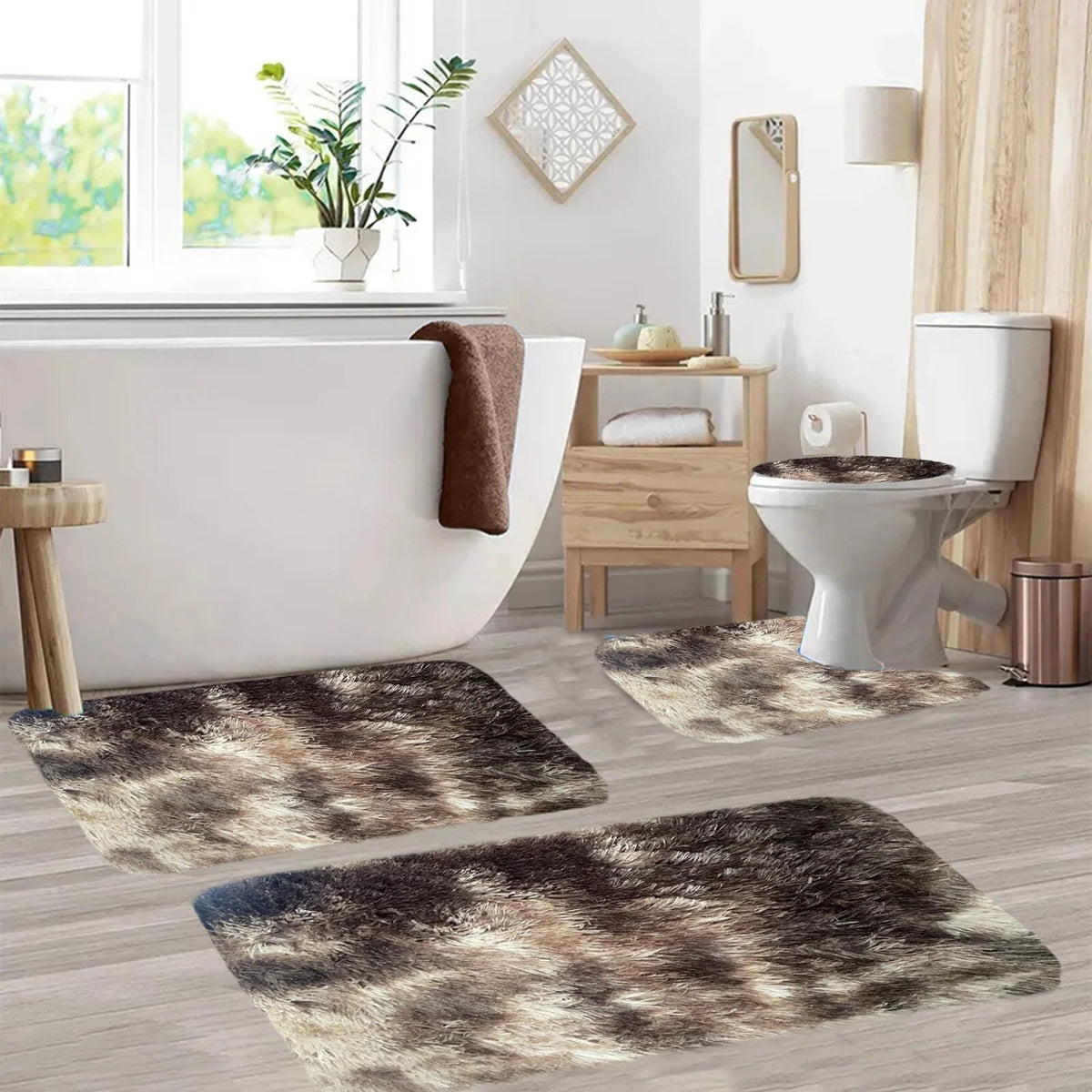 Set 4 Covorașe de Baie Antiderapante, material pufos, Maro