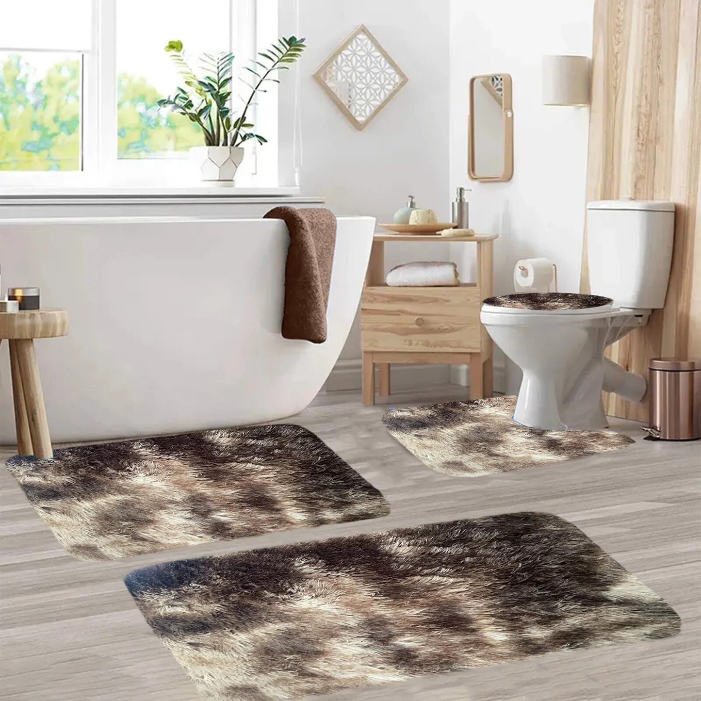 Set 4 Covorașe de Baie Antiderapante, material pufos, Maro