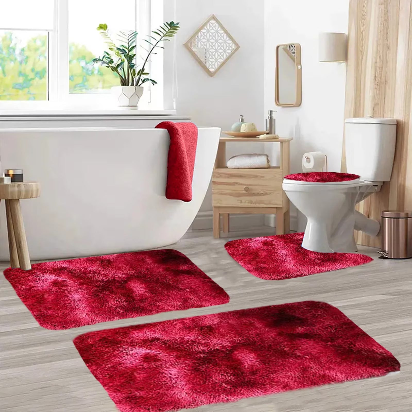 Set 4 Covorașe de Baie Antiderapante, material pufos, Roșu