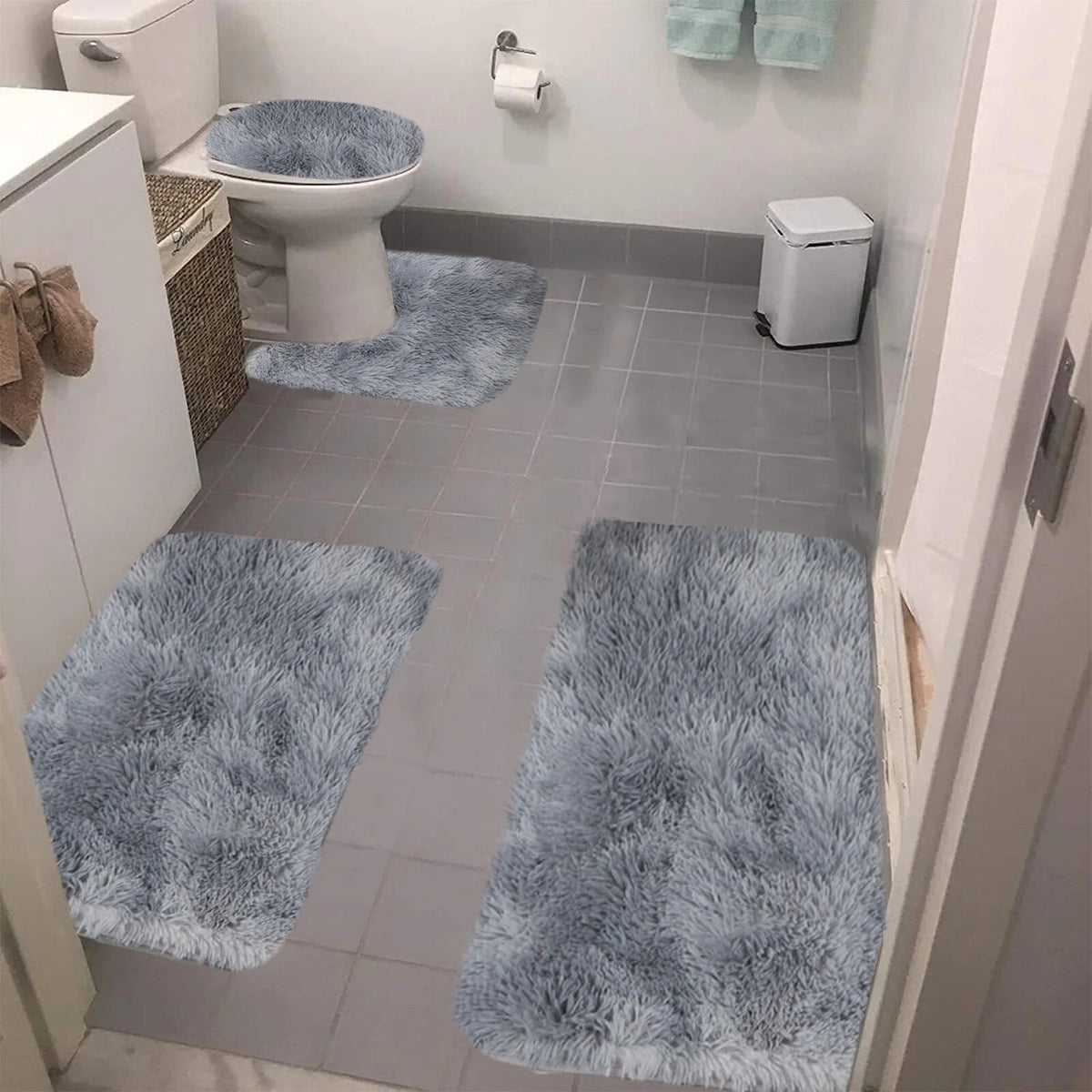 Set 4 Covorașe de Baie Antiderapante, material pufos, Gri