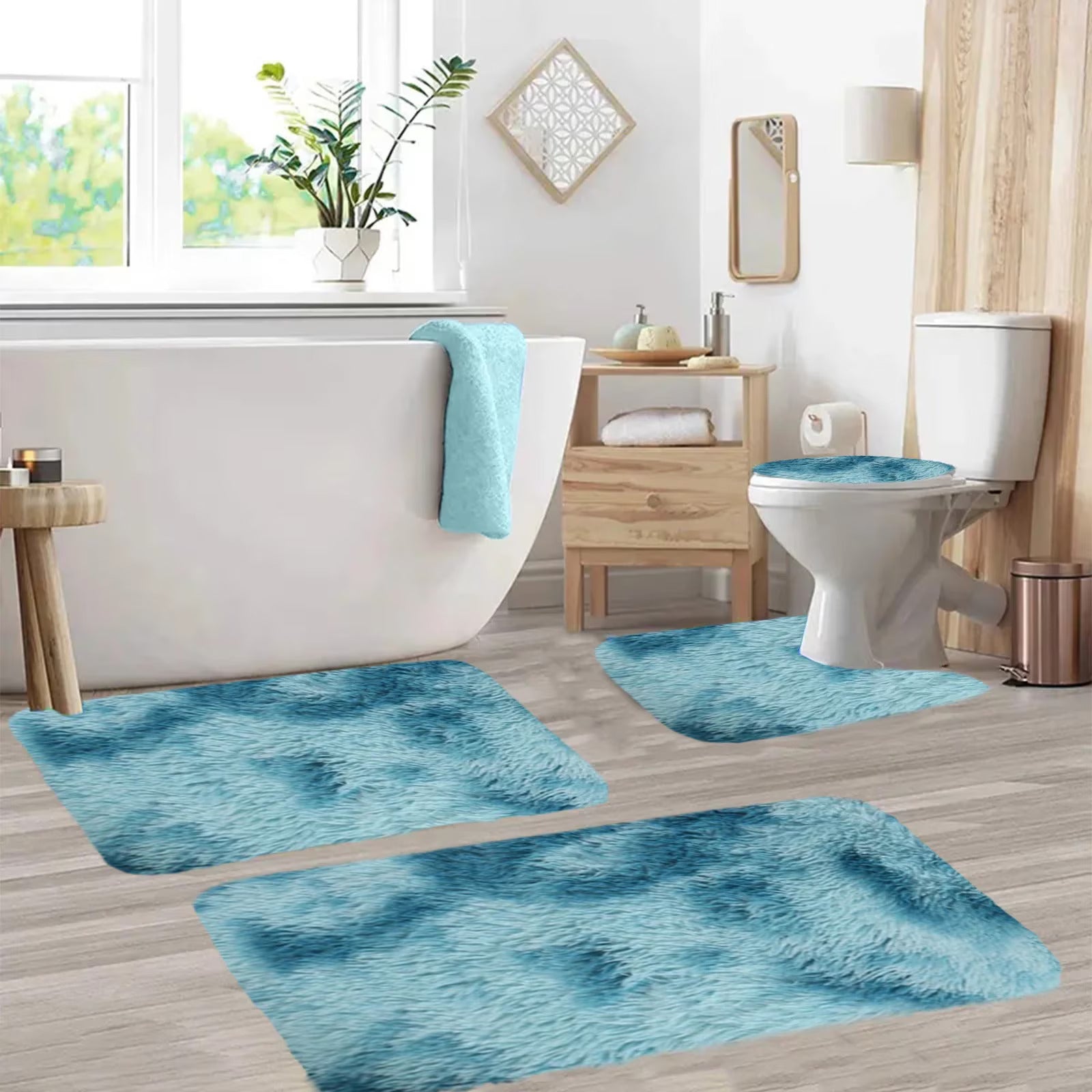 Set 4 Covorașe de Baie Antiderapante, material pufos, Turcoaz