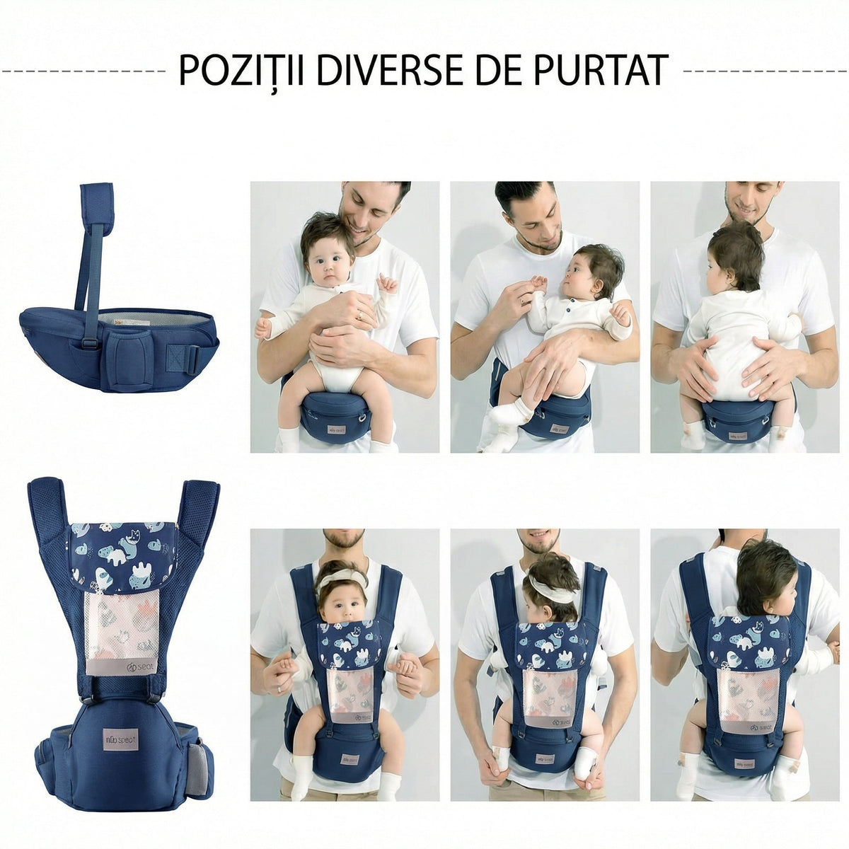 Marsupiu Ergonomic pentru Bebeluși cu Scaun pe Șold, din Bumbac 100%, Respirabil și Ușor, pentru 0–36 luni, Certificat Conform Standardelor de Siguranță, Purtare în mai Multe Poziții, Susține până la 30 kg