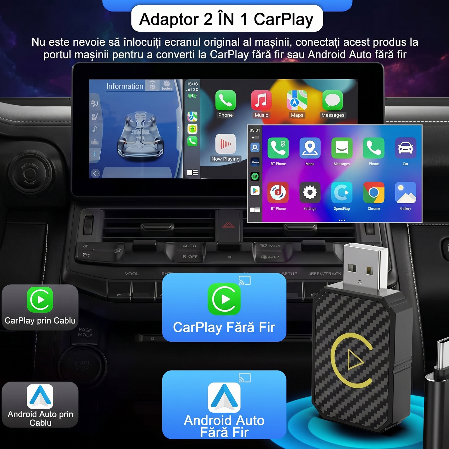 Adaptor Wireless CarPlay și Android Auto