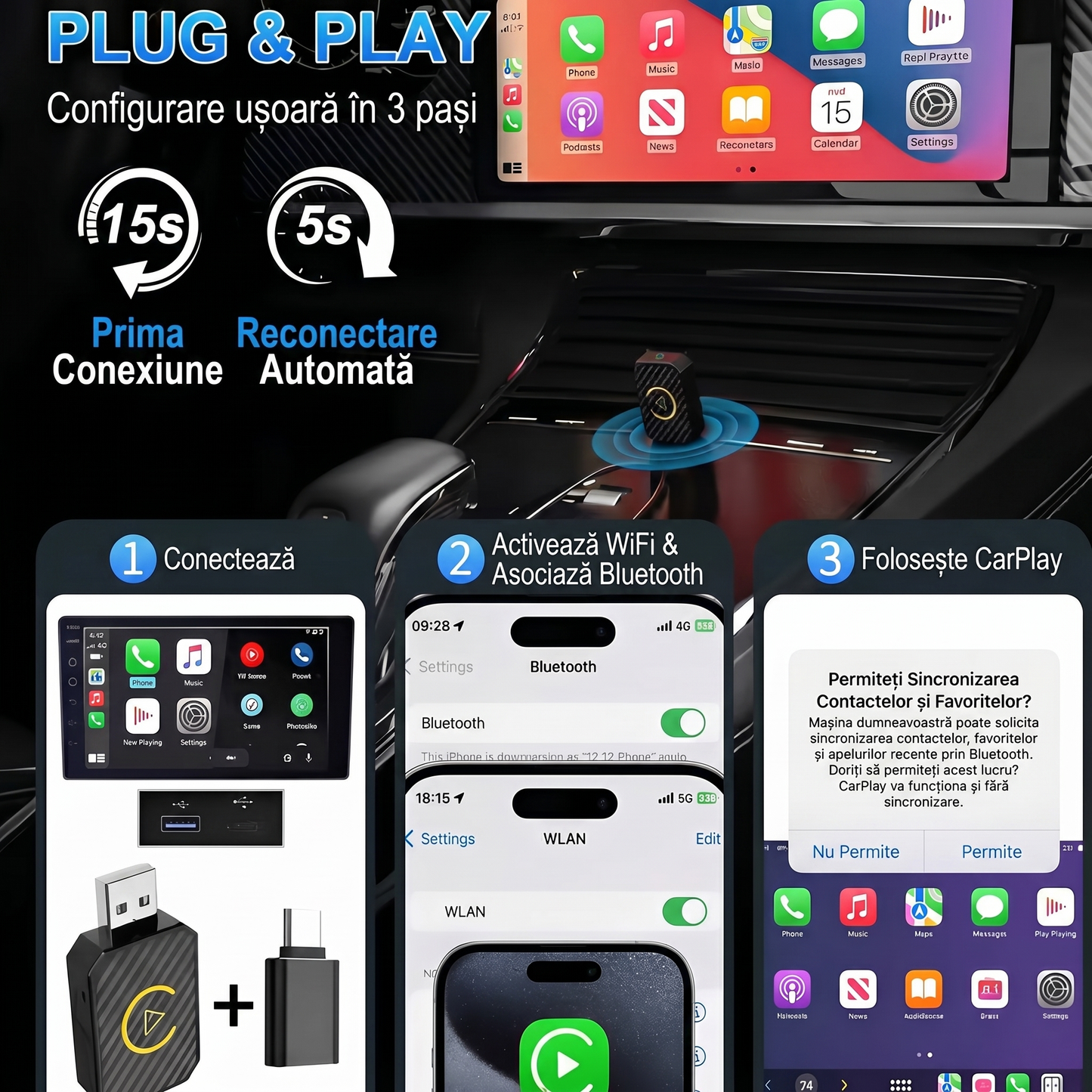 Adaptor Wireless CarPlay și Android Auto
