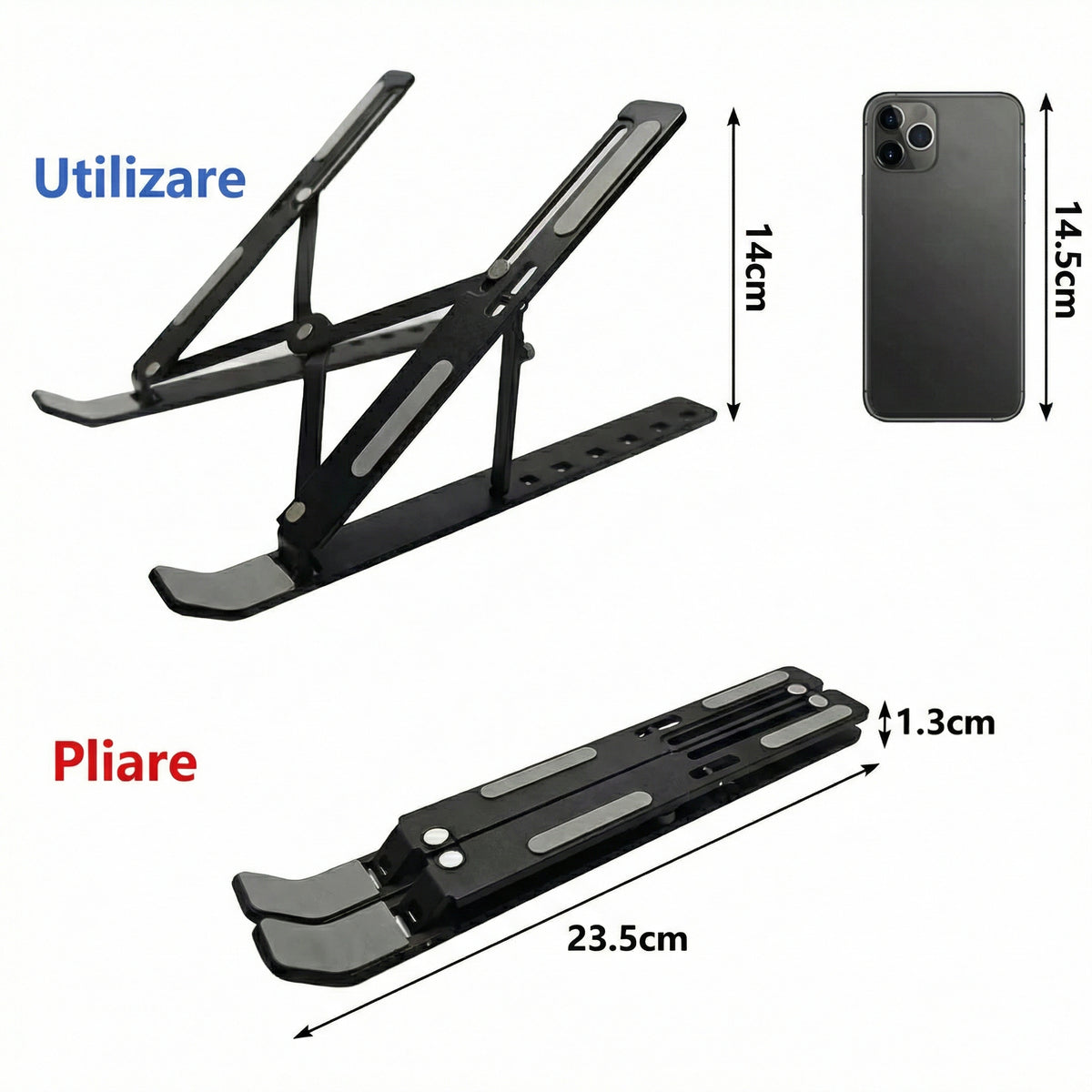 Suport Portabil pentru Laptop de Aluminiu cu Bază de Răcire Pliabilă și Ajustabilă