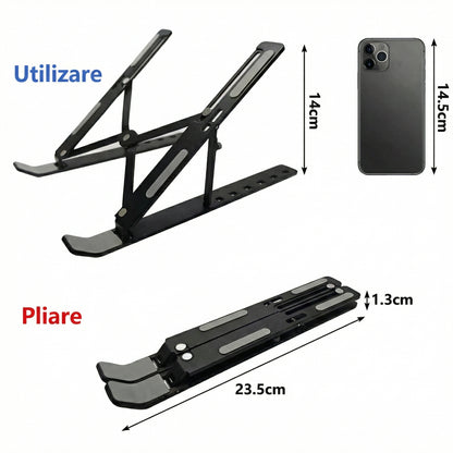 Suport Portabil pentru Laptop de Aluminiu cu Bază de Răcire Pliabilă și Ajustabilă