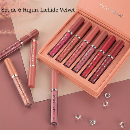 Set de 6 Bucăți Ruj Lichid Mat - Rezistent la Apă, de Lungă Durată, Acoperire Completă, fără Lipici, cu 6 Nuanțe