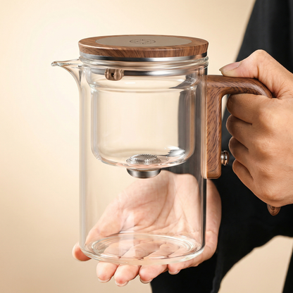 Pahar 2 în 1 — Pahar și Ceainic 600 ml din Sticlă cu Mâner de Lemn