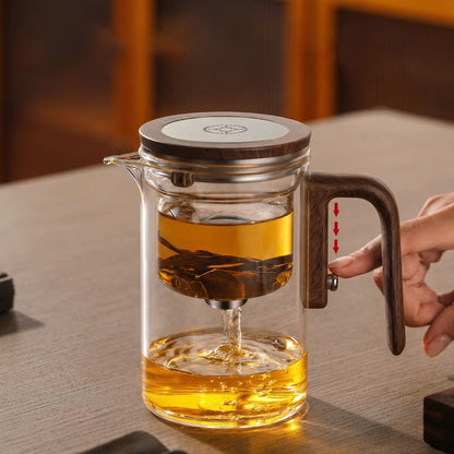 Pahar 2 în 1 — Pahar și Ceainic 600 ml din Sticlă cu Mâner de Lemn
