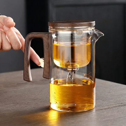 Pahar 2 în 1 — Pahar și Ceainic 600 ml din Sticlă cu Mâner de Lemn