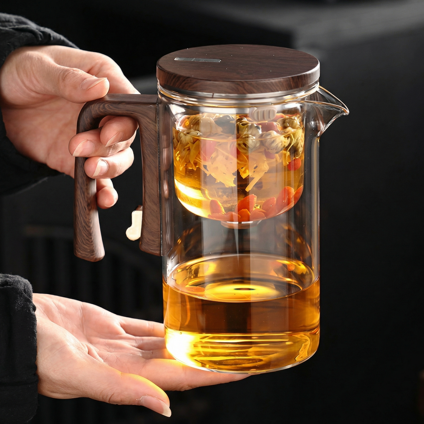 Pahar 2 în 1 — Pahar și Ceainic 600 ml din Sticlă cu Mâner de Lemn