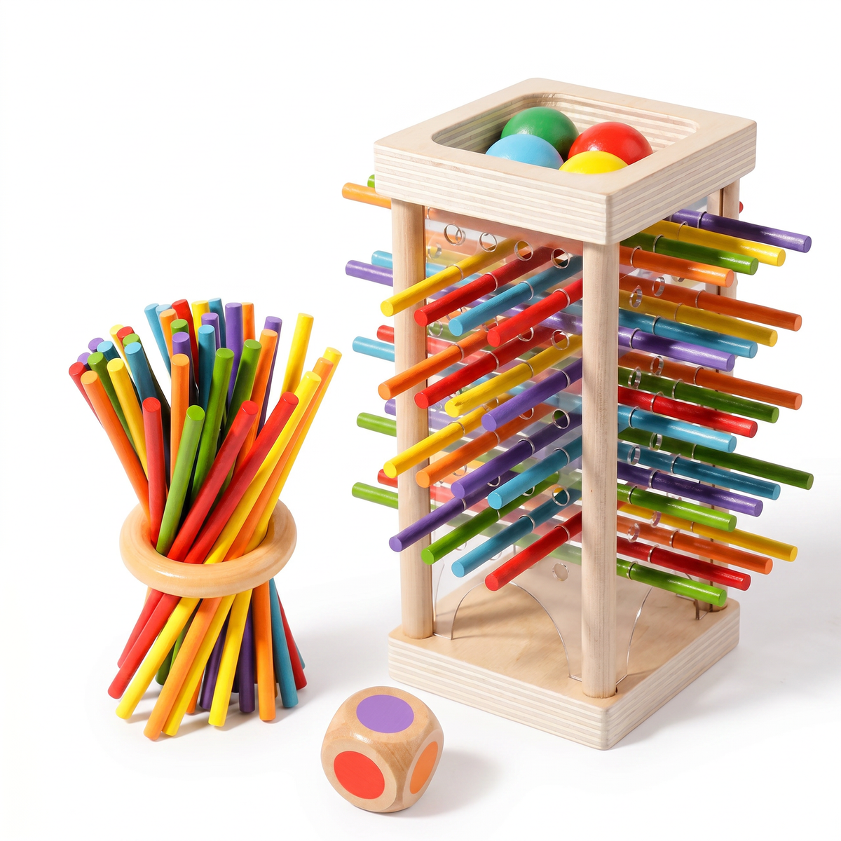 Joc Educativ din Lemn - Turnul cu Bile și Bețe Colorate