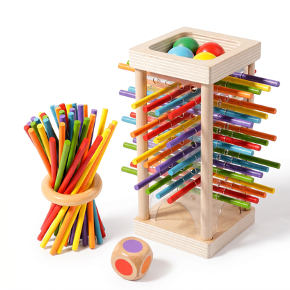 Joc Educativ din Lemn - Turnul cu Bile și Bețe Colorate