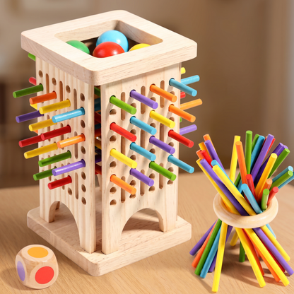 Joc Educativ din Lemn - Turnul cu Bile și Bețe Colorate