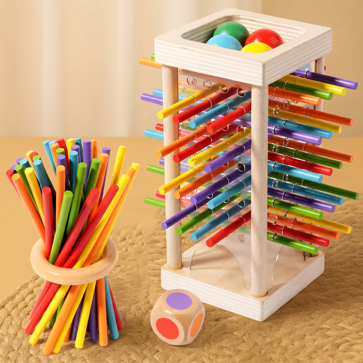 Joc Educativ din Lemn - Turnul cu Bile și Bețe Colorate