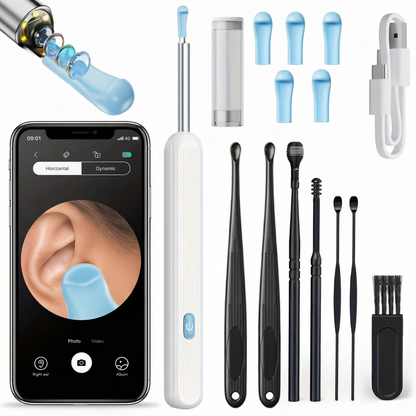 Kit de Îndepărtare Ceară de Urechi fără Fir cu 7 Piese, Cameră și Lumină, 6 Vârfuri, pentru iOS și Android