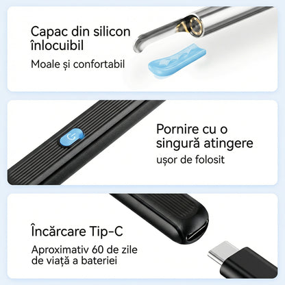 Kit de Îndepărtare Ceară de Urechi fără Fir cu 7 Piese, Cameră și Lumină, 6 Vârfuri, pentru iOS și Android