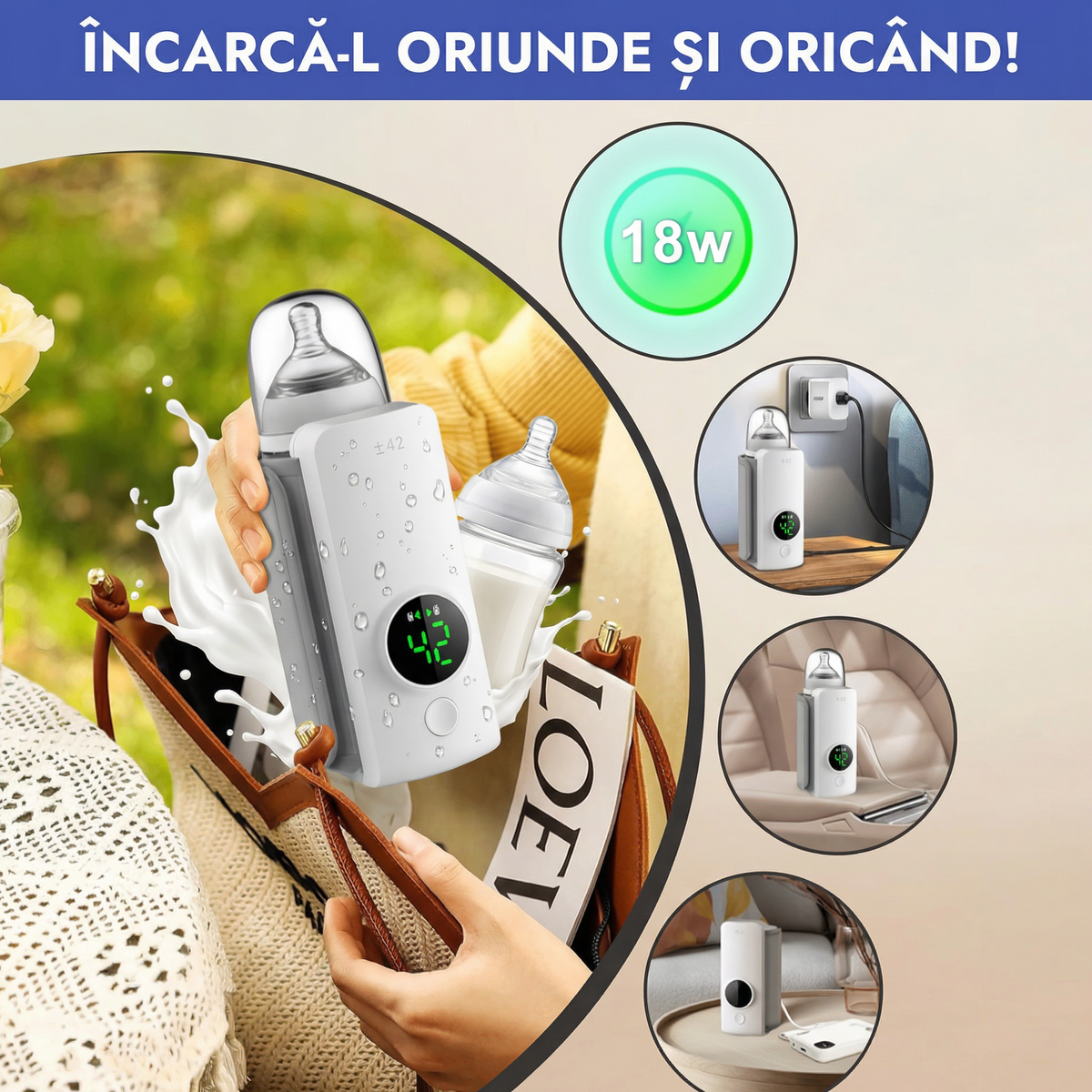 Încălzitor Portabil pentru Biberoane Termostat cu 6 Niveluri de Temperatură Compatibil Universal