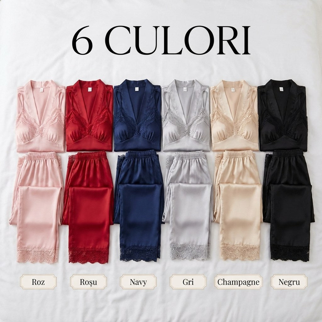 Set 5 pijamale din satin cu dantelă
