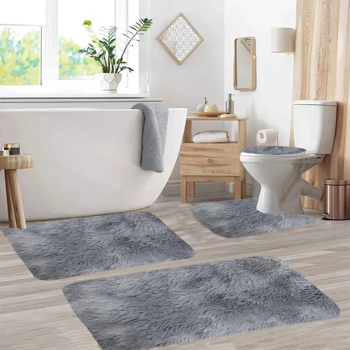 Set 4 Covorașe de Baie Antiderapante, material pufos, Gri