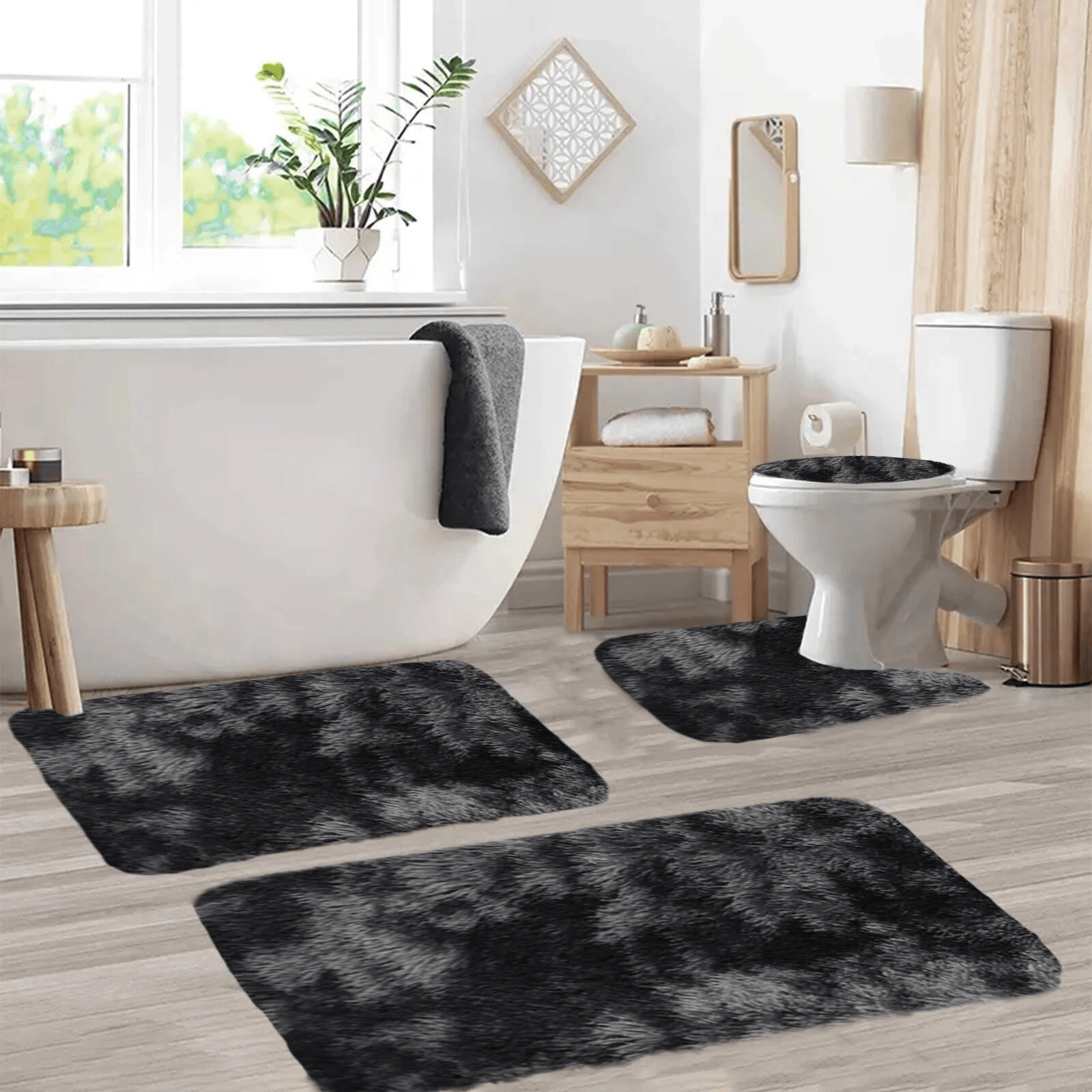 Set 4 Covorașe de Baie Antiderapante, material pufos, Negru