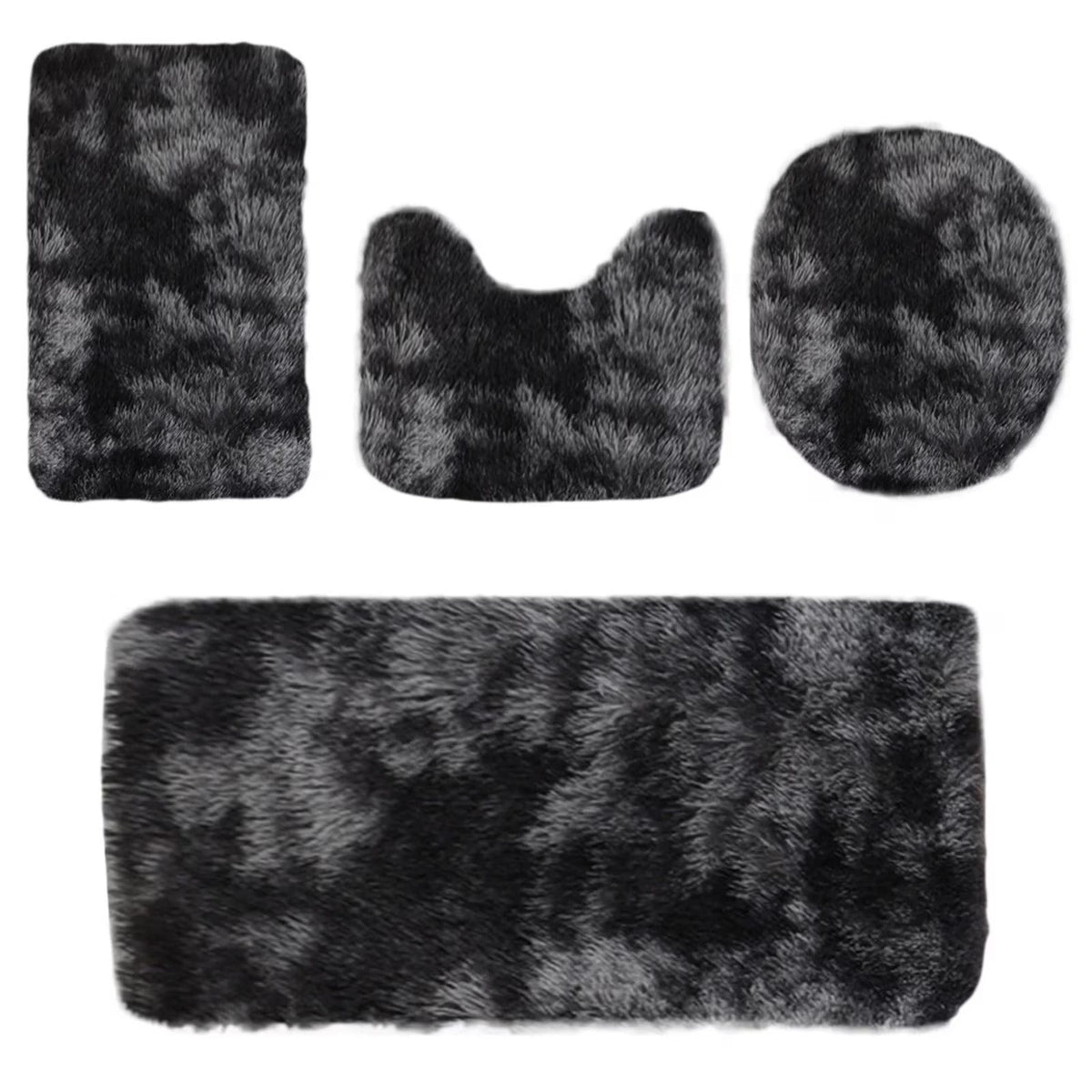 Set 4 Covorașe de Baie Antiderapante, material pufos, Negru