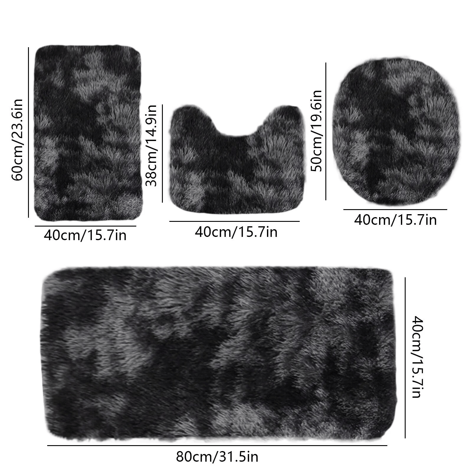 Set 4 Covorașe de Baie Antiderapante, material pufos, Negru