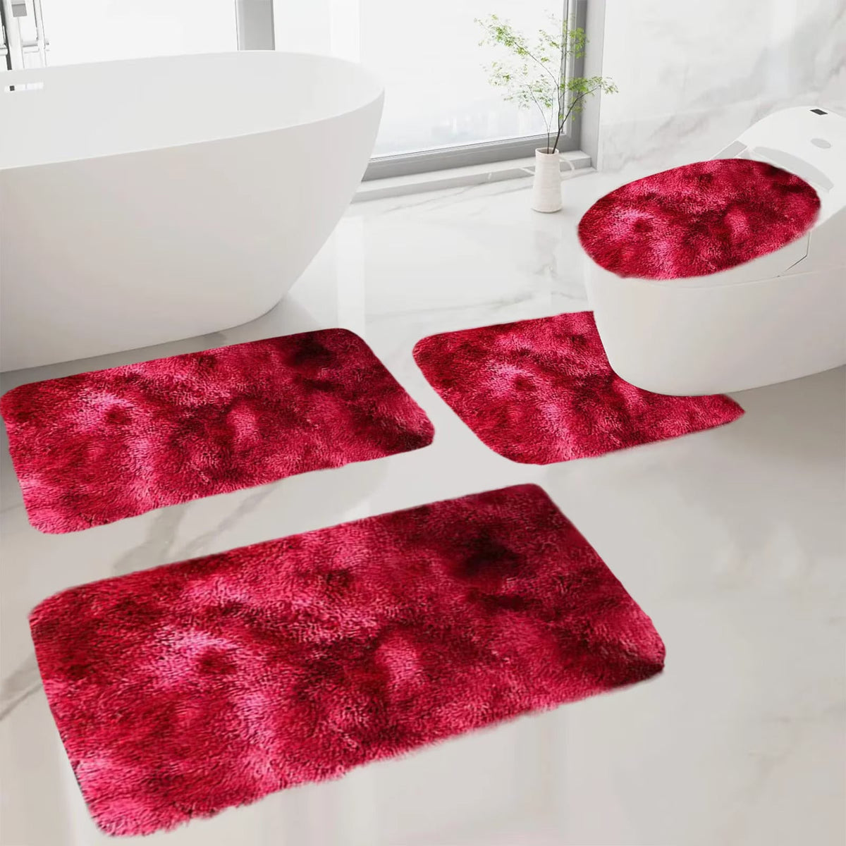 Set 4 Covorașe de Baie Antiderapante, material pufos, Roșu