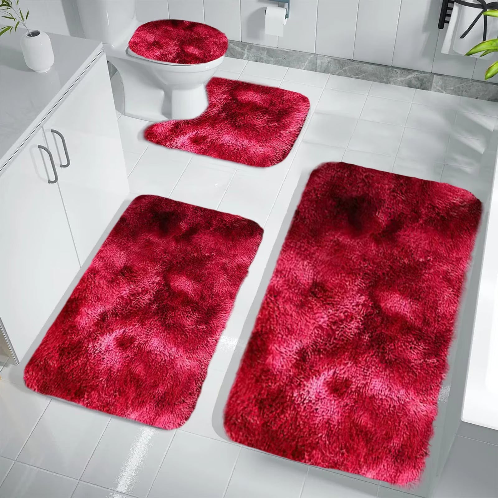 Set 4 Covorașe de Baie Antiderapante, material pufos, Roșu