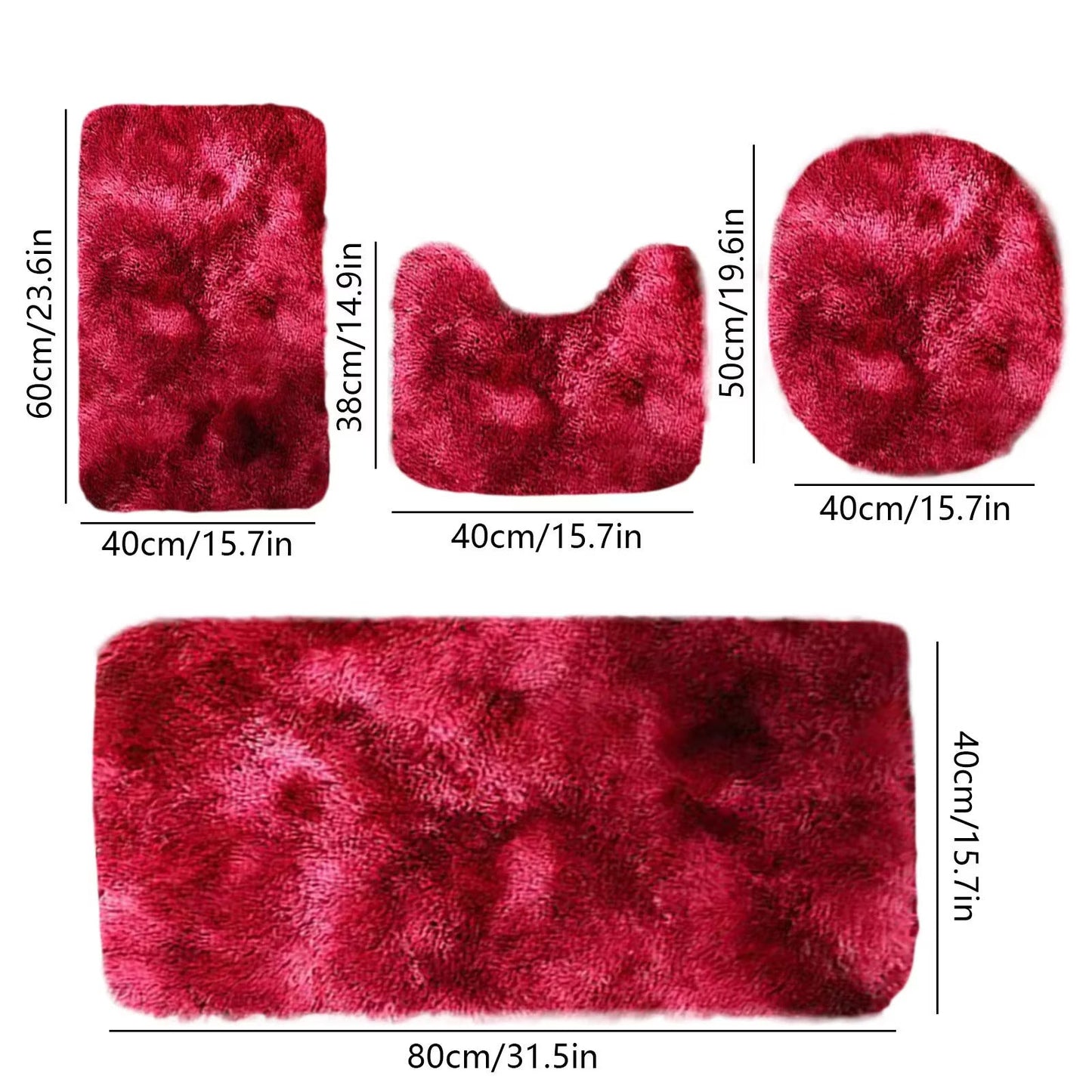 Set 4 Covorașe de Baie Antiderapante, material pufos, Roșu