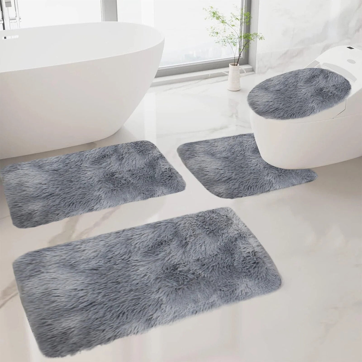 Set 4 Covorașe de Baie Antiderapante, material pufos, Gri